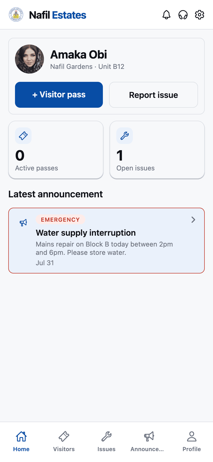 Resident home screen in Nafil Estates